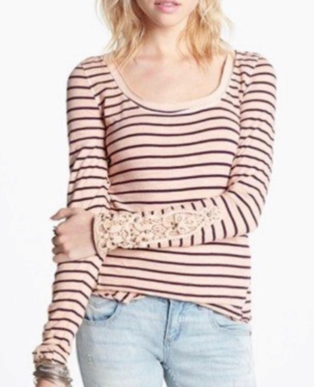Free People Hard Candy Top M Peach Stripe Long Sleeve Crochet Cuff Boho Cute